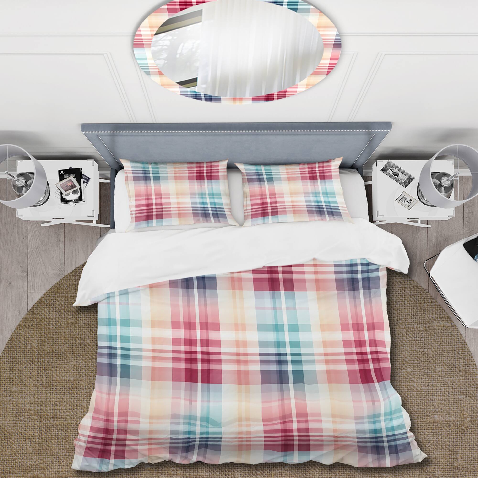 Designart "Blue And Pink Funky Retro Plaids Pattern" Pink Plaid Bed